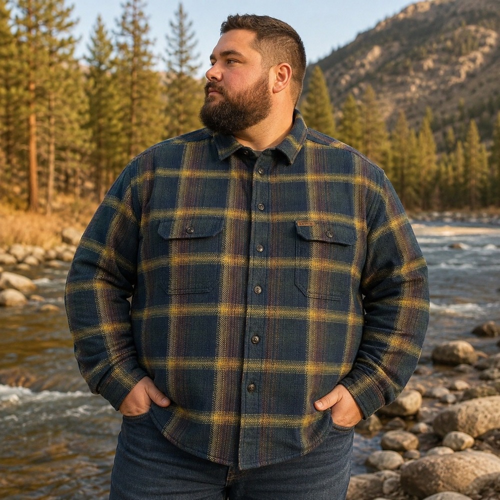 Orvis Jacket Mens XXL Flannel Shirt Green Gold Plaid Heavyweight Cotton Shacket
